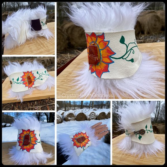 Sheepskin Hand Painted Statement Wrap Bracelet With Healing Stones - Picture 3 of 8